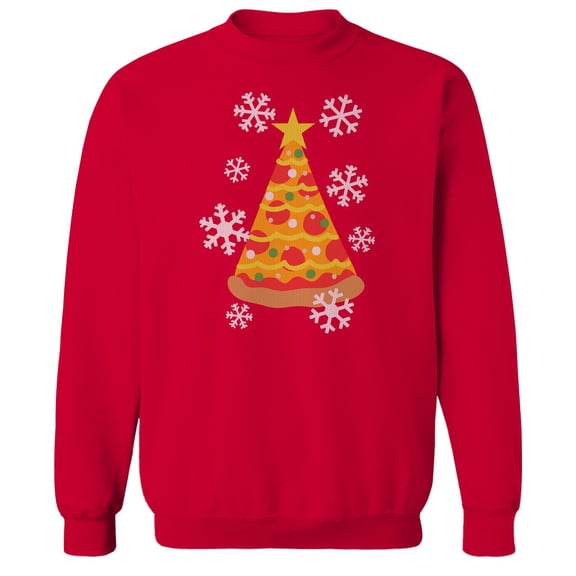 Christmas Holiday Pizza Tree Graphic Red Men's Cotton Pullover Sweatshirt