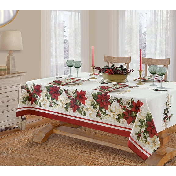 Christmas Holiday Presley Red and White Poinsettia Bordered 60 x 120 inch Rectangle Fabric Tablecloth