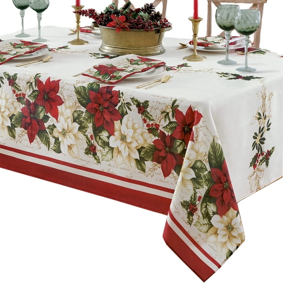 Christmas Holiday Presley Red and White Poinsettia Bordered 60 x 144 inch Rectangle Fabric Tablecloth