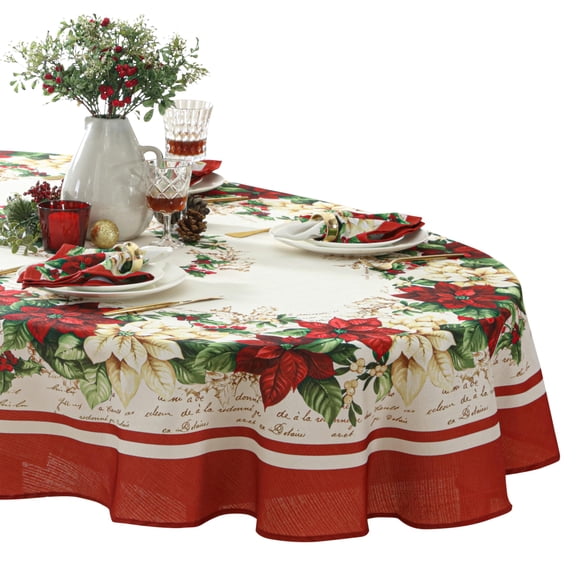 Christmas Holiday Presley Red and White Poinsettia Bordered 60 x 84 inch Oval Fabric Tablecloth