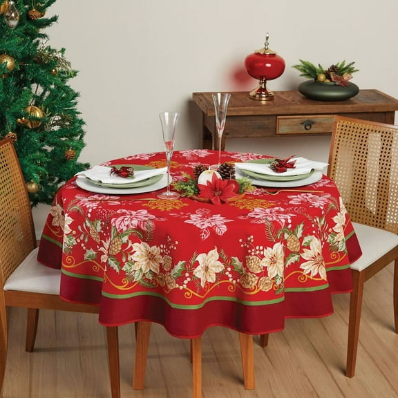 Christmas Holiday Printed tablecloth with pink poinsettias, pine cones and gold details