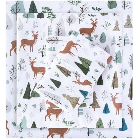 Christmas Holiday Queen Sheet Set - 4 Piece Forest and Deer Patterned Bed Sheets Set - Soft, Breathable Microfiber Sheets with Deep Pocket, Non-Slip Fitted Sheets & Pillowcases
