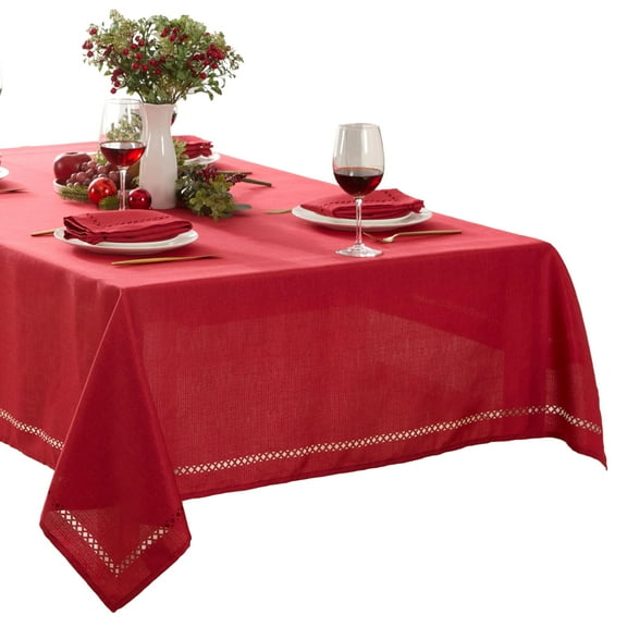 Holiday Red Provence Lattice Cutwork 60 x 144 inch Rectangle Fabric Dining Tablecloth