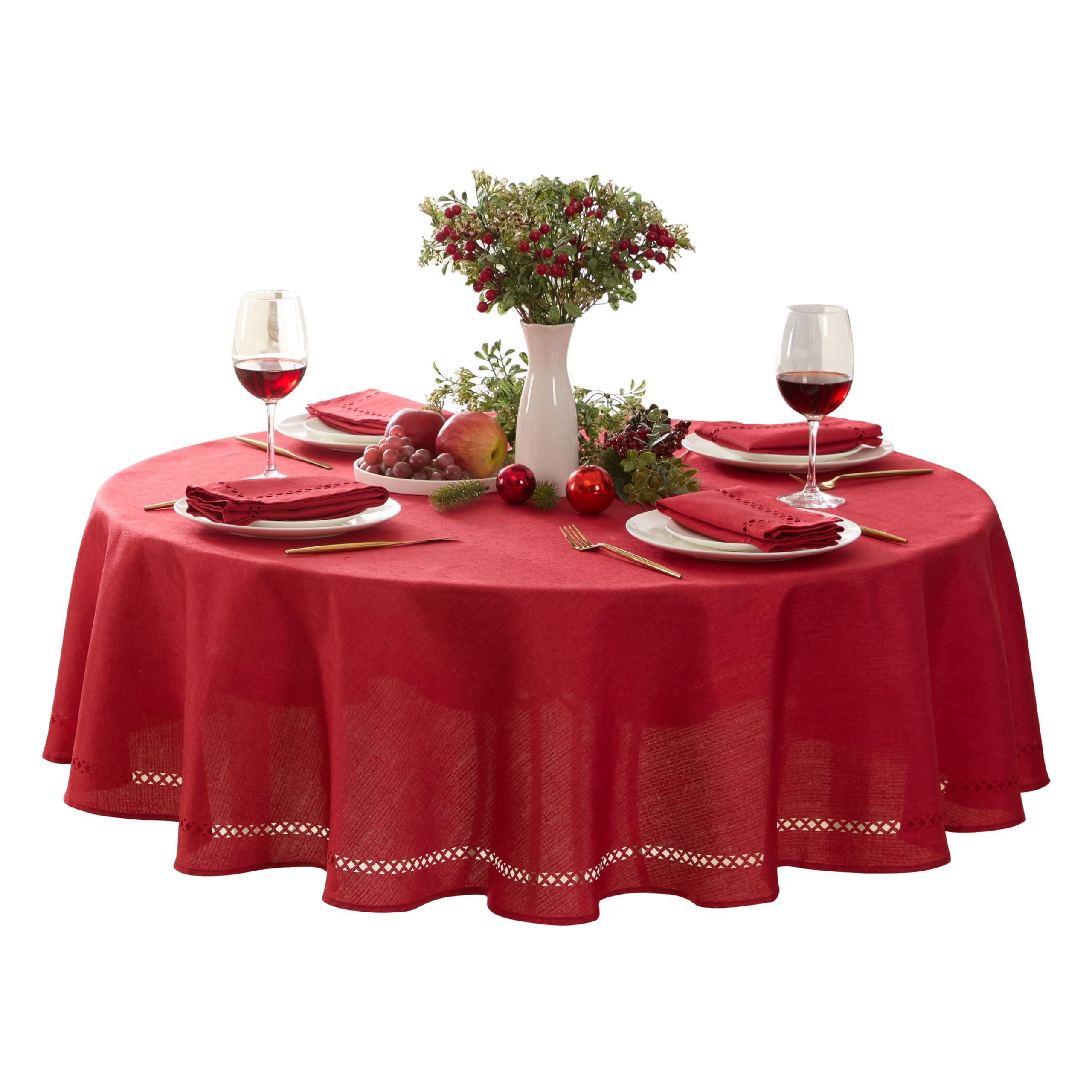 Christmas Holiday Red Provence Lattice Cutwork 70 inch Round Fabric Dining Tablecloth