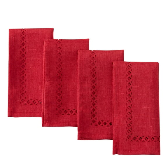 Holiday Red Provence Lattice Cutwork Set of 4 Fabric Dining Napkins