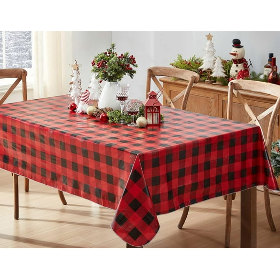 Christmas Holiday Red and Black Buffalo Plaid 60 x 84 inch Rectangle Vinyl Flannel Backed Tablecloth