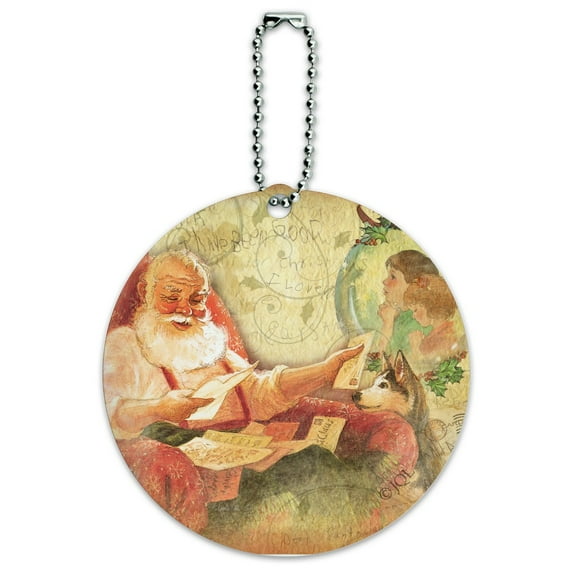 Christmas Holiday Retro Antique Dear Santa Letters Round Luggage ID Tag Card Suitcase Carry-On