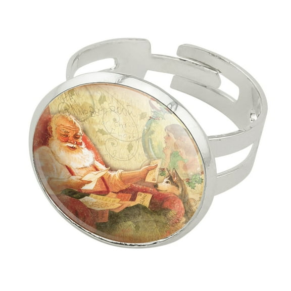 Christmas Holiday Retro Antique Dear Santa Letters Silver Plated Adjustable Novelty Ring