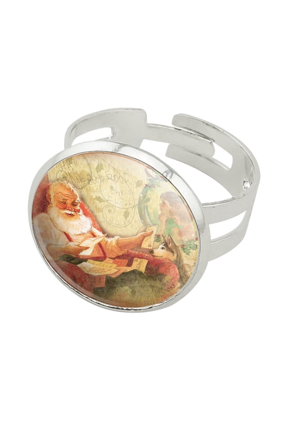Christmas Holiday Retro Antique Dear Santa Letters Silver Plated Adjustable Novelty Ring