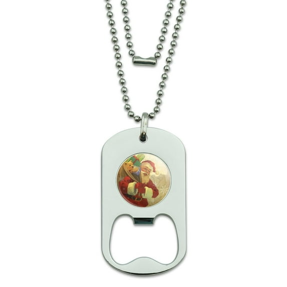 Christmas Holiday Retro Antique Santa Route Military Dog Tag Bottle Opener Pendant