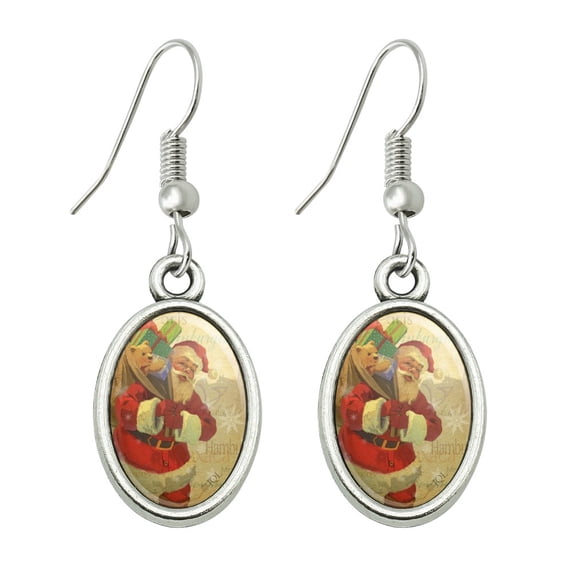 Christmas Holiday Retro Antique Santa Route Novelty Dangling Drop Oval Charm Earrings