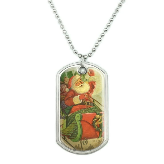 Christmas Holiday Retro Antique Santa Sleigh Military Dog Tag Pendant Necklace with Chain