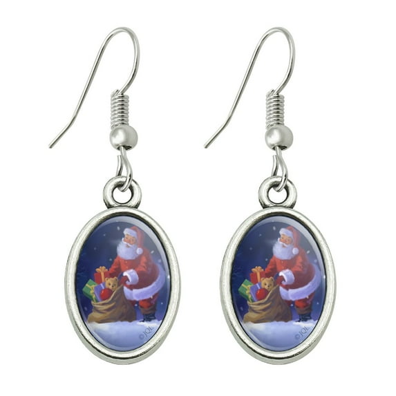 Christmas Holiday Rooftop Santa Novelty Dangling Drop Oval Charm Earrings