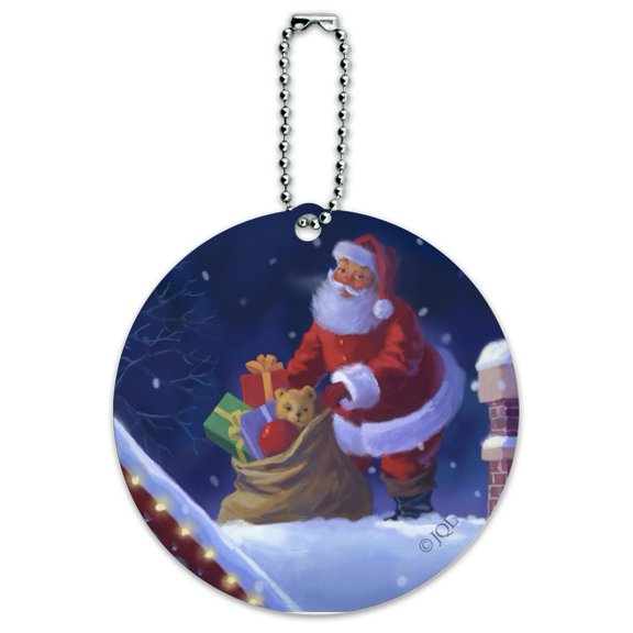 Christmas Holiday Rooftop Santa Round Luggage ID Tag Card Suitcase Carry-On