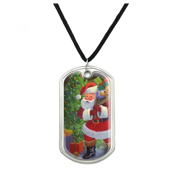 Christmas Holiday Santa Bag of Toys Tree Military Dog Tag Pendant Necklace with Cord