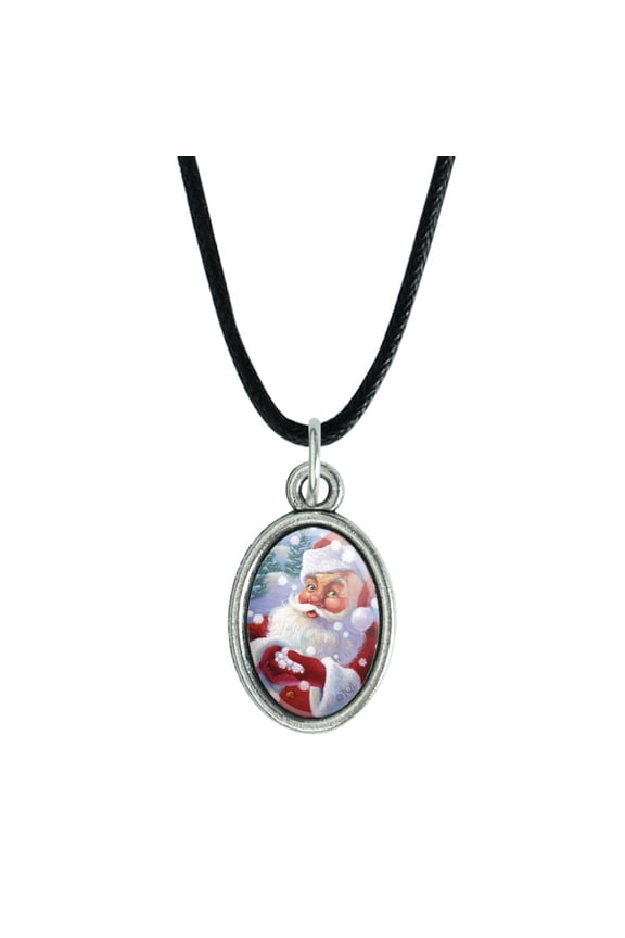 Christmas Holiday Santa Catching Snowflakes Antiqued Oval Charm Pendant with Black Satin Cord