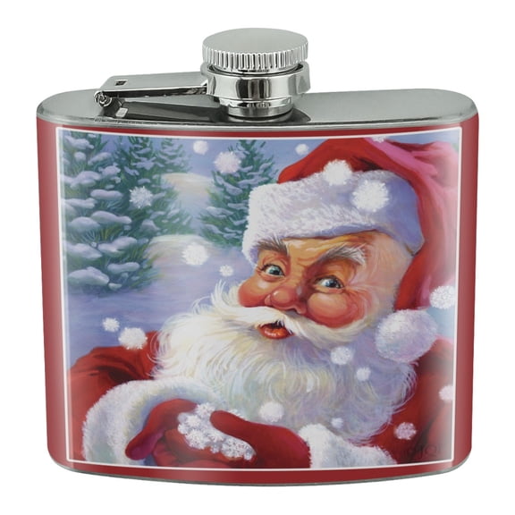 Christmas Holiday Santa Catching Snowflakes Stainless Steel 5oz Hip Drink Kidney Flask