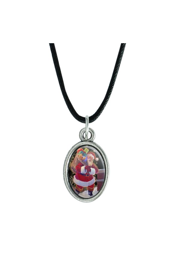 Christmas Holiday Santa Chimney Magic Antiqued Oval Charm Pendant with Black Satin Cord