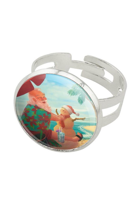 Christmas Holiday Santa Claus Beach Vacation Silver Plated Adjustable Novelty Ring