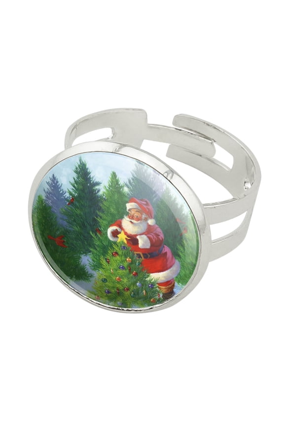 Christmas Holiday Santa Claus Trees Silver Plated Adjustable Novelty Ring