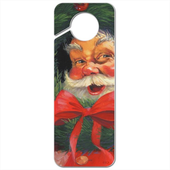 Christmas Holiday Santa Claus Wreath Plastic Door Knob Hanger Sign