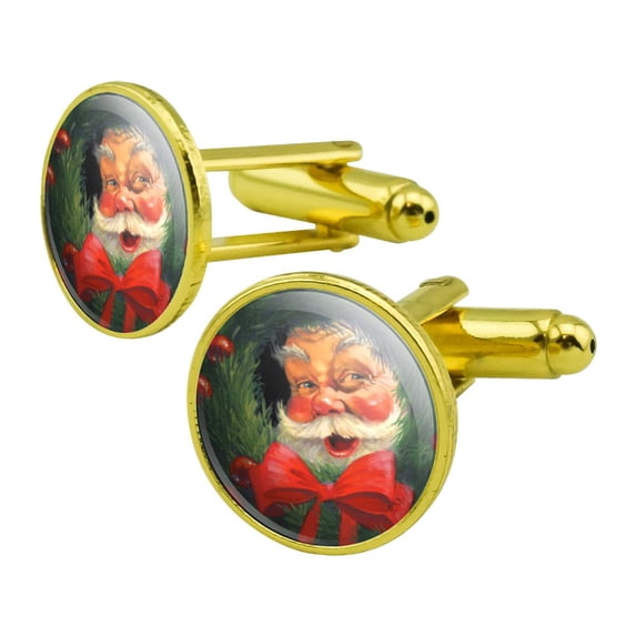 Christmas Holiday Santa Claus Wreath Round Cufflink Set Gold Color