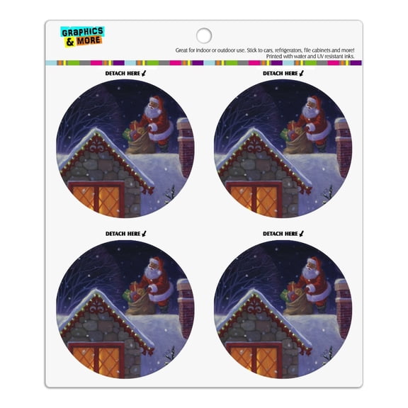 Christmas Holiday Santa Claus on Roof Refrigerator Fridge Locker Vinyl Circle Magnet Set