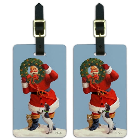 Christmas Holiday Santa Claus with Dog Cat Wreath Luggage ID Tags Suitcase Carry-On Cards - Set of 2