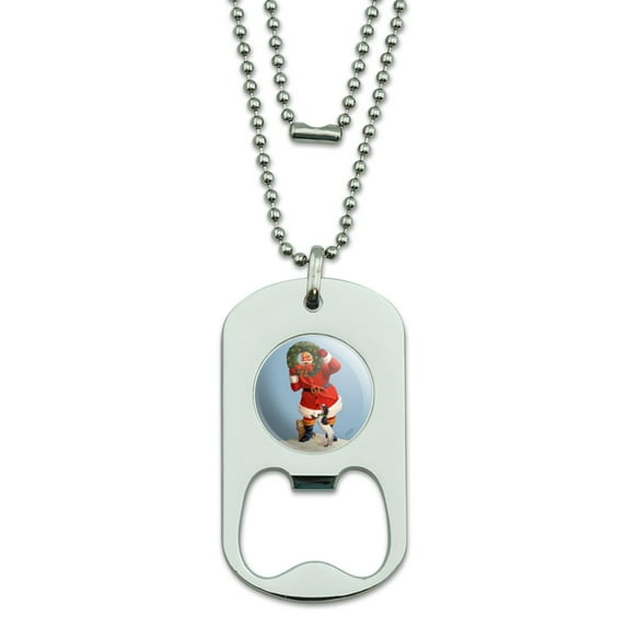 Christmas Holiday Santa Claus with Dog Cat Wreath Military Dog Tag Bottle Opener Pendant