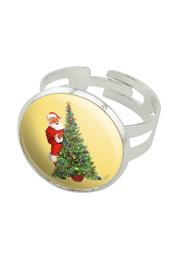 Christmas Holiday Santa Decorating Tree Silver Plated Adjustable Novelty Ring