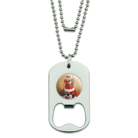 Christmas Holiday Santa Delivering Presents Holly Military Dog Tag Bottle Opener Pendant