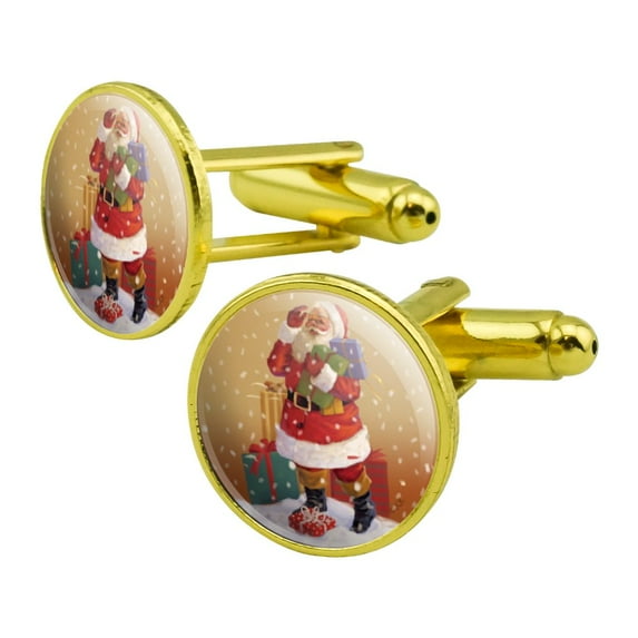 Christmas Holiday Santa Delivering Presents Holly Round Cufflink Set Gold Color
