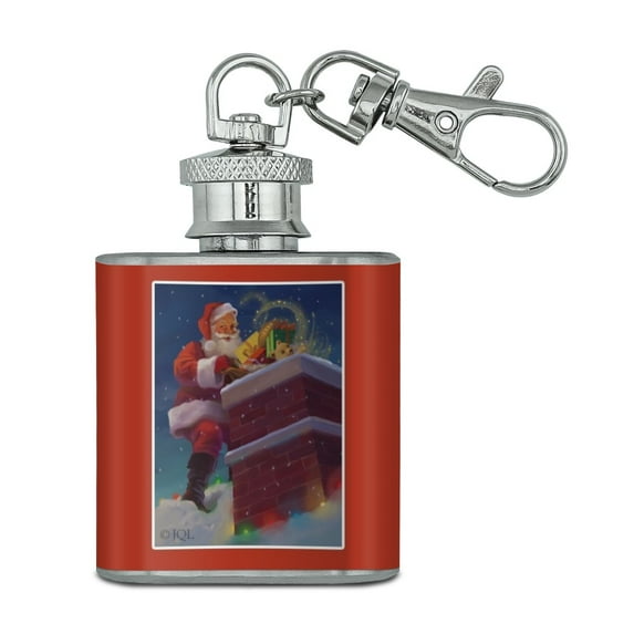 Christmas Holiday Santa Going Down the Chimney Stainless Steel 1oz Mini Flask Key Chain