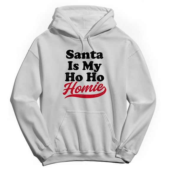 Christmas Holiday Santa Iis My Ho Ho Homie Graphic White Men's Cotton Pullover Hoodie