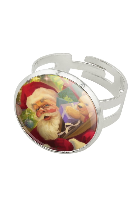 Christmas Holiday Santa Jolly Sparkle Silver Plated Adjustable Novelty Ring