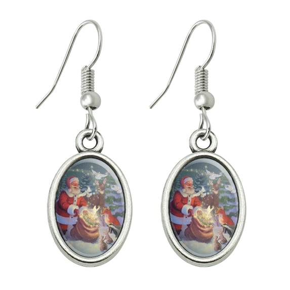 Christmas Holiday Santa Magic Peace Doves Novelty Dangling Drop Oval Charm Earrings