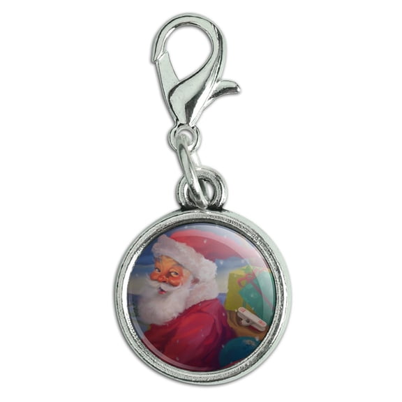 Christmas Holiday Santa Making His Rounds Antiqued Bracelet Pendant Zipper Pull Charm with Lobster Clasp