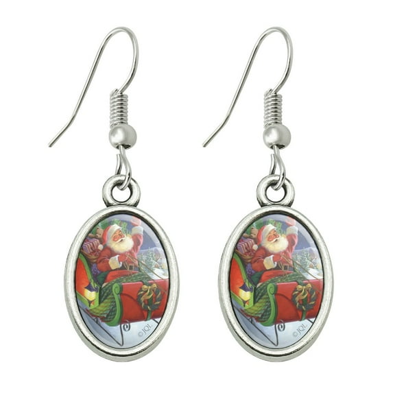 Christmas Holiday Santa Merry Sleigh Ride Novelty Dangling Drop Oval Charm Earrings