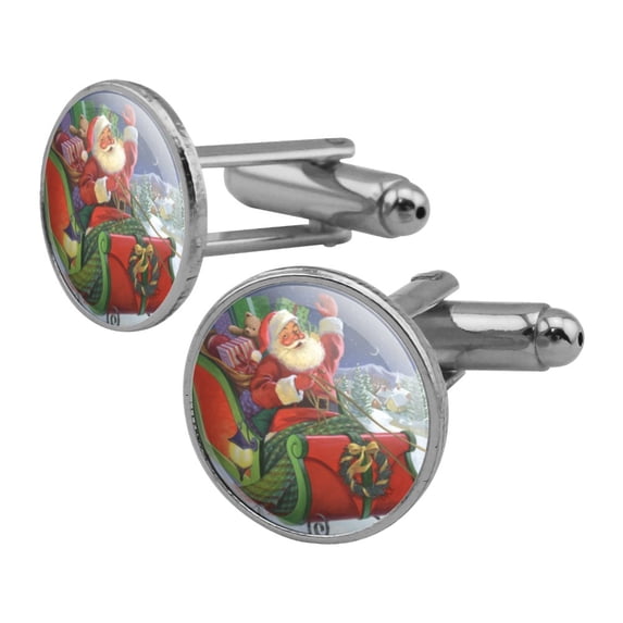 Christmas Holiday Santa Merry Sleigh Ride Round Cufflink Set Silver Color