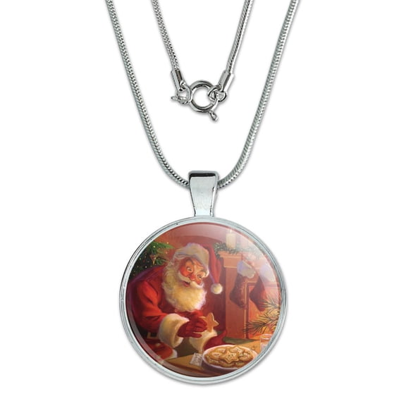 Christmas Holiday Santa Milk and Cookies 1" Pendant with Sterling Silver Plated Chain