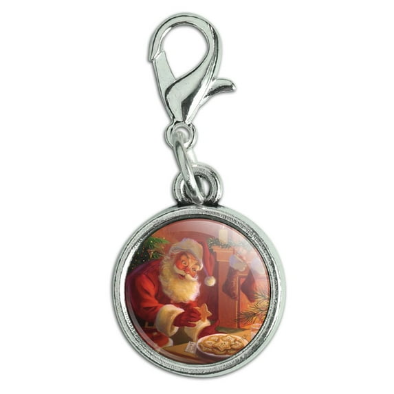 Christmas Holiday Santa Milk and Cookies Antiqued Bracelet Pendant Zipper Pull Charm with Lobster Clasp