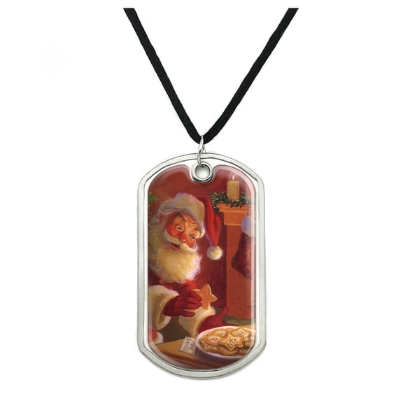 Christmas Holiday Santa Milk and Cookies Military Dog Tag Pendant Necklace with Cord