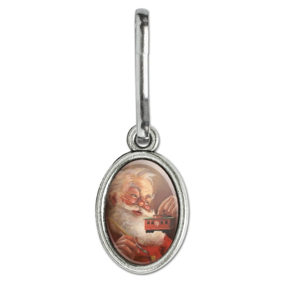 Christmas Holiday Santa Painting Toy Train Caboose Antiqued Oval Charm Clothes Purse Suitcase Backpack Zipper Pull Aid
