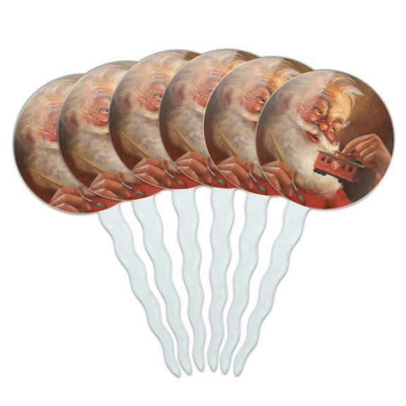 Christmas Holiday Santa Painting Toy Train Caboose Cupcake Picks Toppers Decoration Set of 6