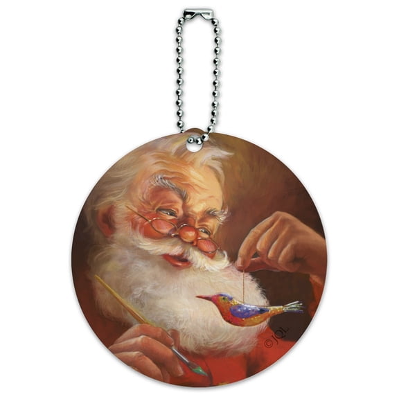 Christmas Holiday Santa Painting Tree Ornament Round Luggage ID Tag Card Suitcase Carry-On