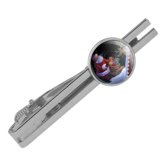 Christmas Holiday Santa Rooftop Magic Round Tie Bar Clip Clasp Tack Silver Color Plated