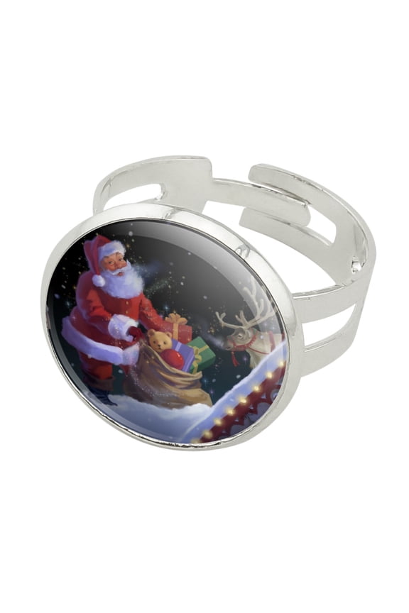Christmas Holiday Santa Rooftop Magic Silver Plated Adjustable Novelty Ring