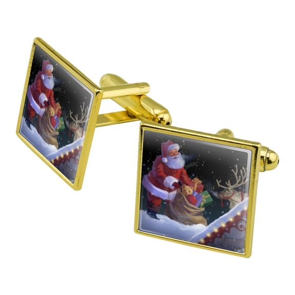 Christmas Holiday Santa Rooftop Magic Square Cufflink Set - Silver or Gold