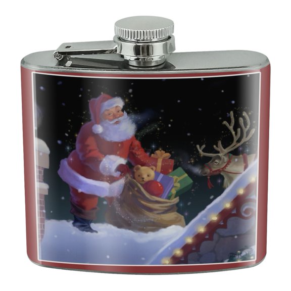 Christmas Holiday Santa Rooftop Magic Stainless Steel 5oz Hip Drink Kidney Flask