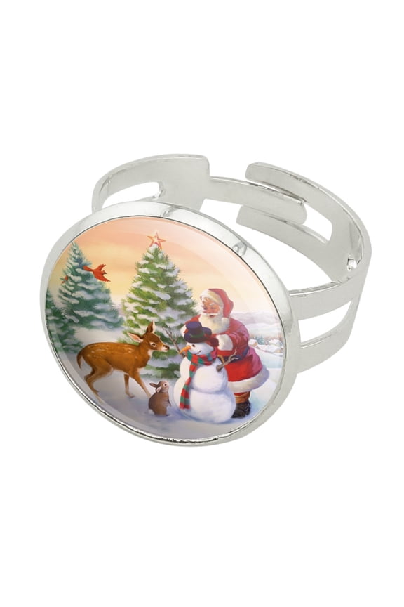 Christmas Holiday Santa and Animals Finishing Snowman Silver Plated Adjustable Novelty Ring